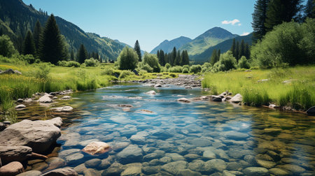 Mountain river with clear water and green grass under blue sky.の素材