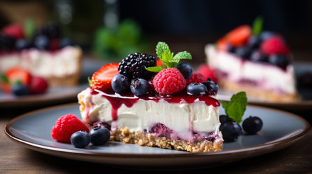 Cheesecake with fresh berries on wooden background. Selective focus.の素材