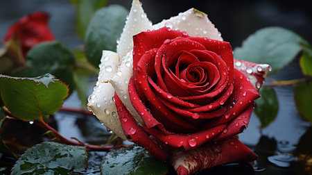 Beautiful red rose with water drops on a dark background, close upの素材