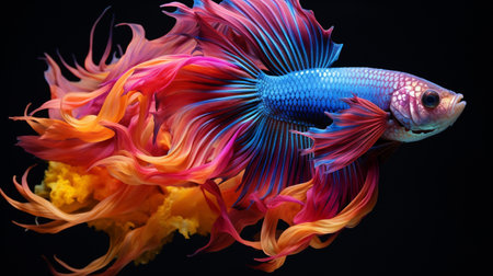 Capture the moving moment of red-blue siamese fighting fish isolated on black background. Betta fish.の素材