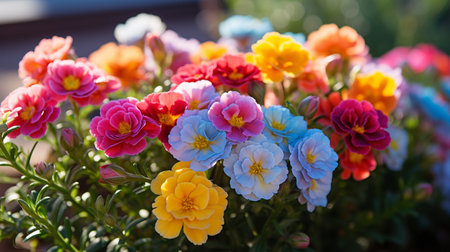 colorful primroses in the garden on a sunny summer dayの素材