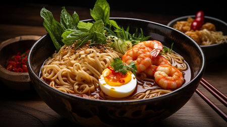Instant noodles with shrimps and egg in bowl on wooden tableの素材