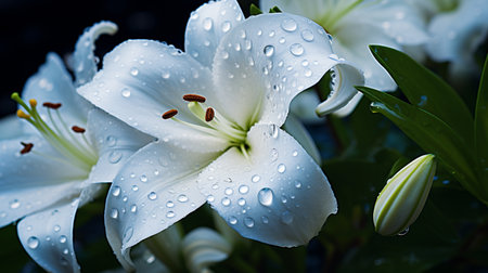 Beautiful white lily flower with rain drops on the petals.の素材