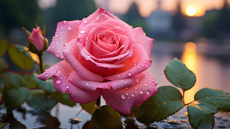 Beautiful pink rose with water drops on the surface of the waterの素材