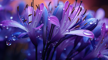 beautiful purple flowers with dew drops close-up macro photographyの素材