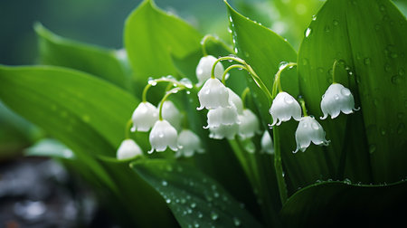 Lily of the valley flowers with water drops. Spring landscape.の素材