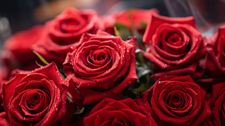 Red roses bouquet with water drops. Valentines day background.の素材