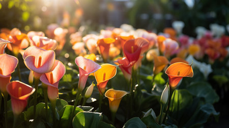 Colorful calla lily flowers in the garden with sunlight.の素材