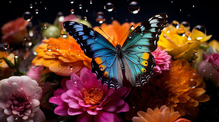 butterfly and flowers on a dark background with water dropletsの素材