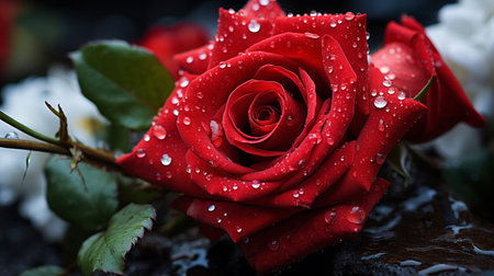 Red rose with water drops on black background. Valentines day conceptの素材