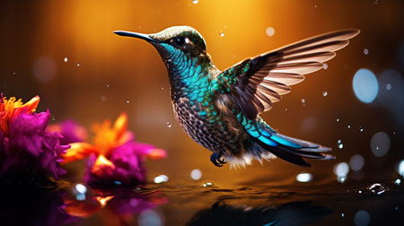Hummingbird flying in the night sky with flowers and water dropsの素材