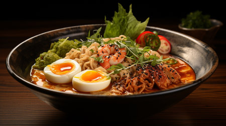 japanese ramen noodle with shrimps and eggの素材