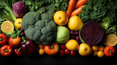 Composition with variety of raw organic vegetables and fruits. Balanced dietの素材