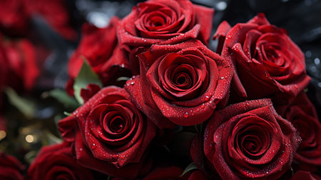 Bouquet of red roses with water drops on a black backgroundの素材