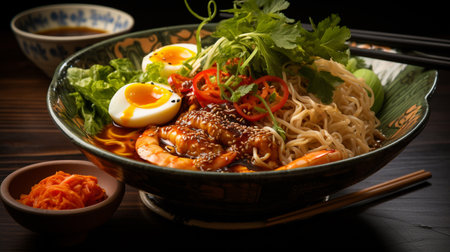 japanese ramen noodle with teriyaki chicken and eggの素材