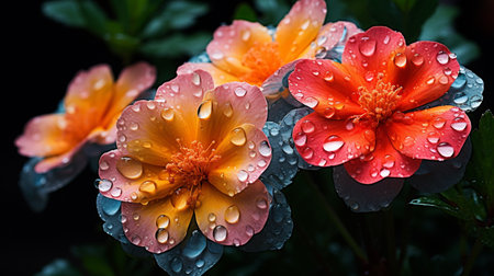 Beautiful red and yellow flowers with raindrops on a black backgroundの素材