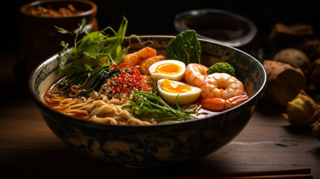 Japanese ramen noodles with shrimps and vegetables on wooden backgroundの素材