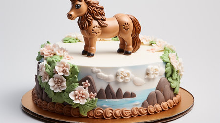 Cake with a horse and flowers on a white background, close-upの素材