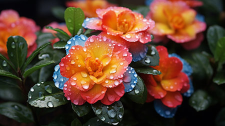 Colorful roses with rain drops on the petals and green leavesの素材