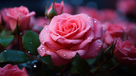 Beautiful pink rose with water drops on the petals after rainの素材