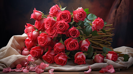 Bouquet of red roses on a wooden table. Dark background.の素材