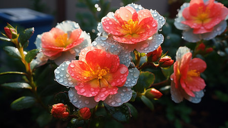 Beautiful camellia flowers with dew drops after the rainの素材