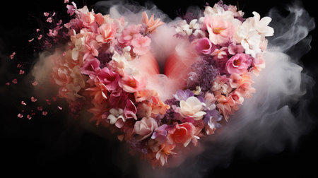 Heart made of flowers on black background, valentines day conceptの素材