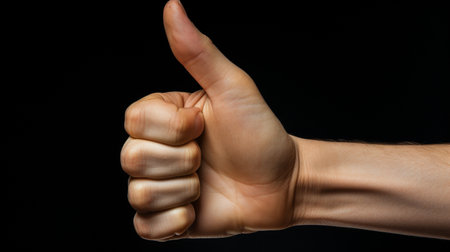 Male hand showing thumbs up sign on black background. Studio shot.の素材