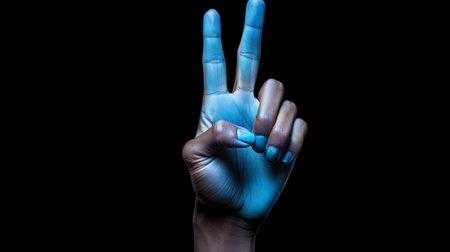 Hand with blue nail polish gesturing peace sign on black background.の素材