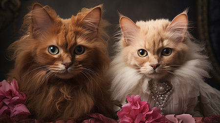 Two beautiful cats on a dark background close-up. Studio photo.の素材
