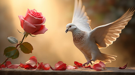 Pigeon with rose flower on wooden table in the garden.の素材