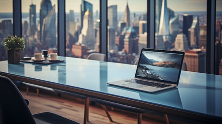 Laptop on a table in a modern office with a city viewの素材