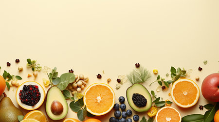 Fresh fruits and vegetables on color background, flat lay. Space for textの素材