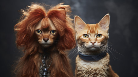 Portrait of ginger cat and Maine Coon cat on dark backgroundの素材