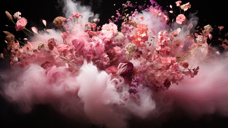 Bouquet of dried flowers on a black background with clouds of smokeの素材