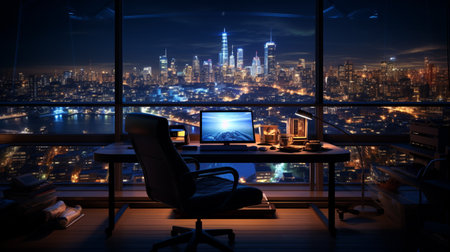 Modern office interior with night city view and computer. 3D Renderingの素材