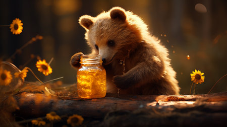 Cute little brown bear drinking honey from a jar on wooden backgroundの素材