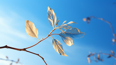 Close-up of a branch of a tree with leaves against the blue skyの素材