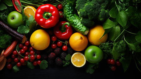 Fresh fruits and vegetables on black wooden background. Healthy food concept.の素材