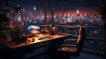 3D rendering of a modern office interior with a city view.の素材