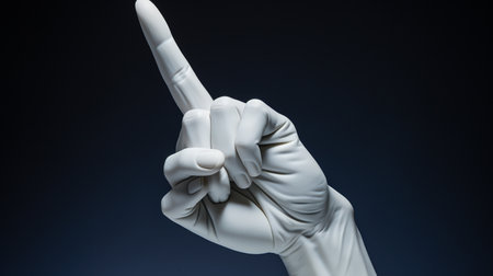 Hand in white glove shows the index finger on a dark background.の素材