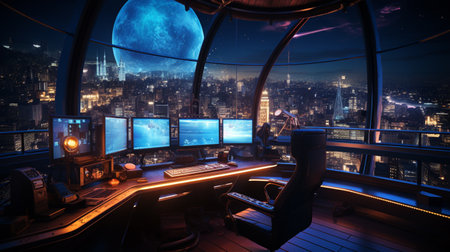 3D rendering of a computer room at night with a view of the cityの素材