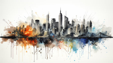 New York City skyline with skyscrapers and watercolor splashesの素材