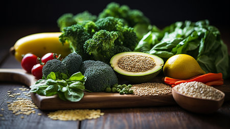 Vegetables and fruits on wooden background. Healthy food concept.の素材