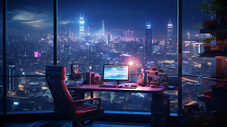 Modern office interior with night city view. 3D Rendering.の素材
