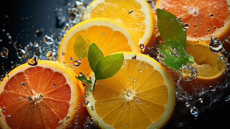 Slices of lemon, orange and grapefruit in water splashの素材