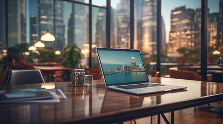 Laptop on the table in a modern office with city view.の素材