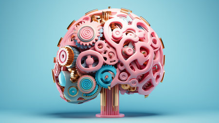 3d rendering of a human brain made of gears and cogwheelsの素材