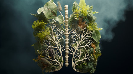 Conceptual image of human lungs made of different green plants.の素材
