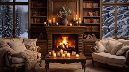 Interior of cozy living room with fireplace, armchair and bookcase. 3d renderの素材